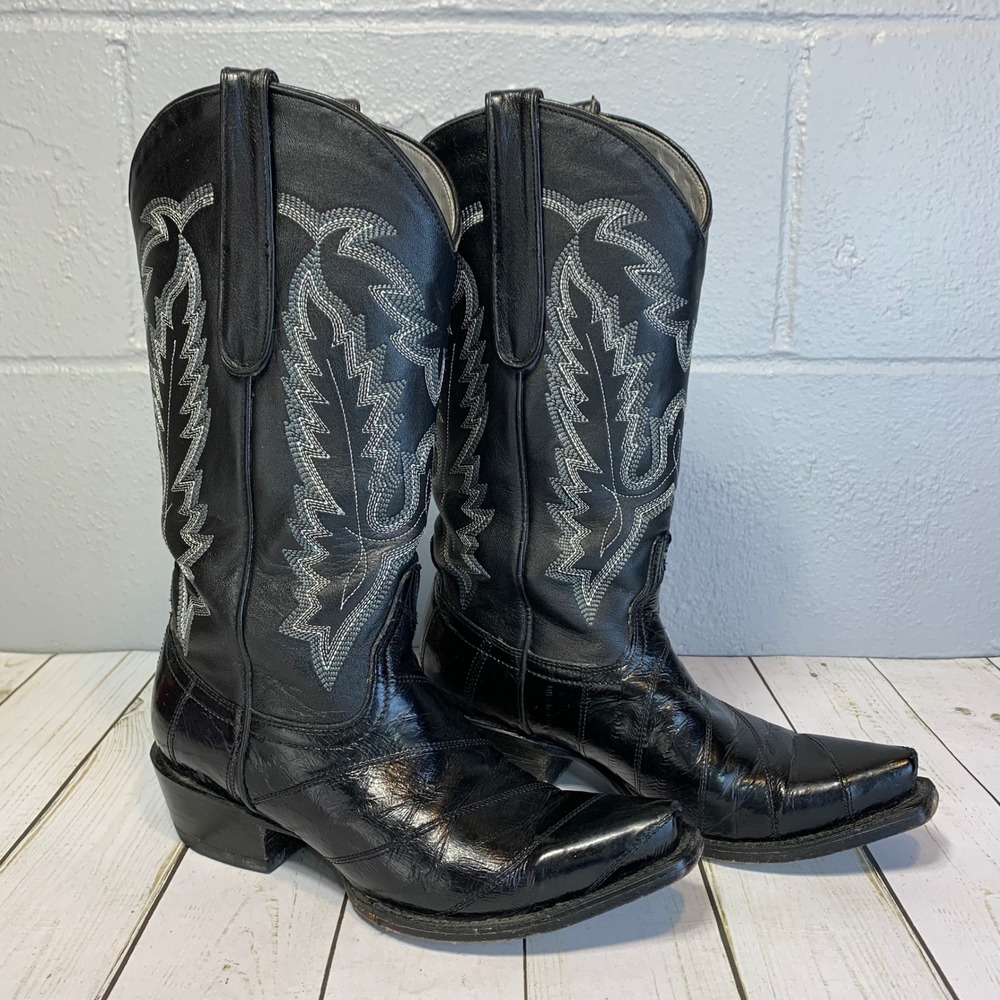 Los Altos Vintage Women's Black Eel Skin Snip Toe Western Cowboy Boots 7.5